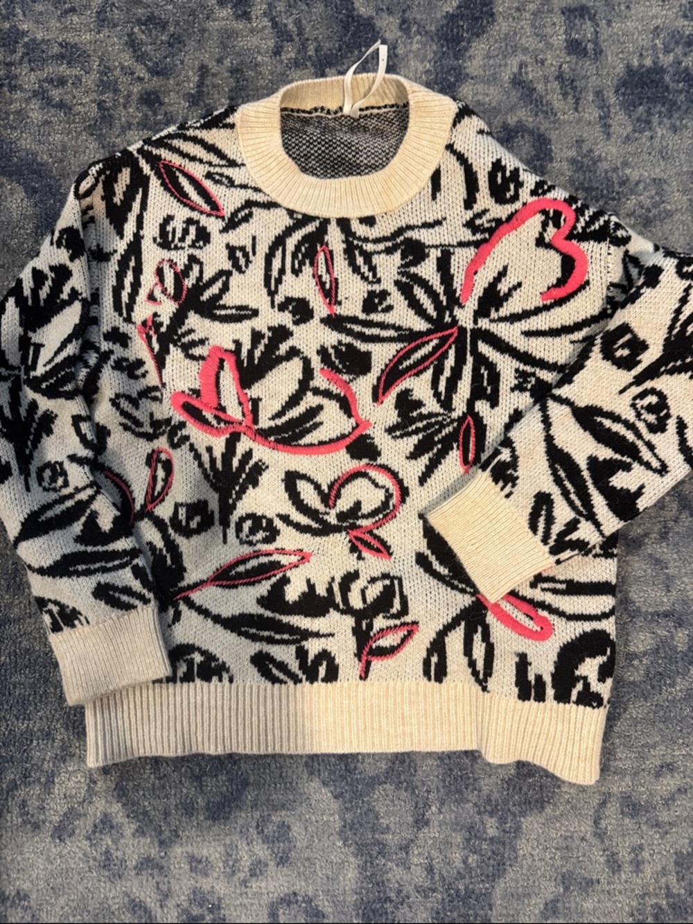 Anthropologie Cream Crewneck Sweater with Black Floral Pattern and Pink Accents